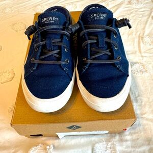 SPERRY navy blue mules.